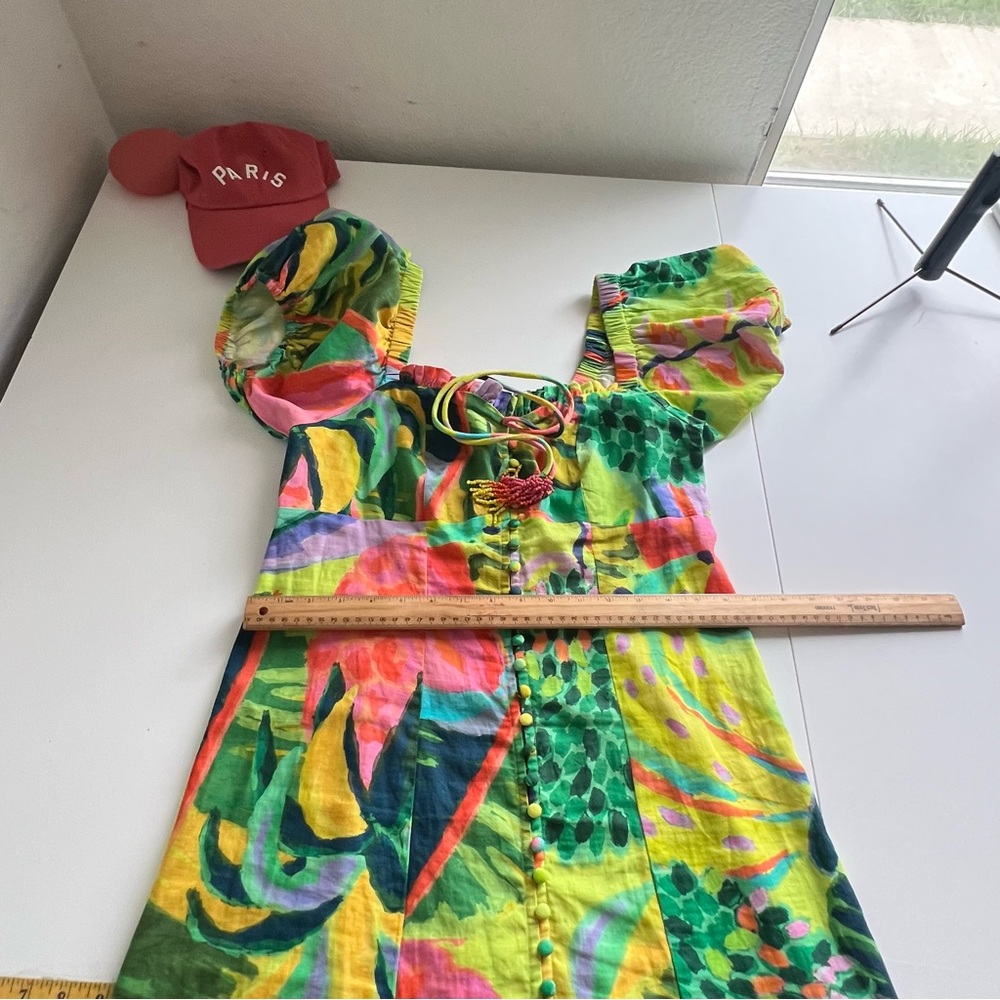 Anthropologie Farm Rio Midi Dress Puff Sleeves Green, Yellow, and Pink NWT - Picture 6 of 12